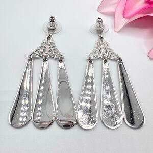 Vintage Filigree Paddle Bead Chandelier Earrings Art Nouveau Revival Silver Tone